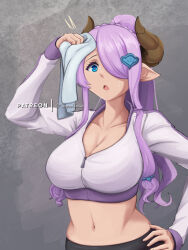 blue_eyes breasts cleavage crop_top draph granblue_fantasy hair_ornament hair_over_one_eye hand_on_own_head hand_on_own_hip horns jacket large_breasts long_hair looking_at_viewer midriff narmaya_(granblue_fantasy) notice_lines open_mouth pants pointy_ears ponytail purple_hair sunbandraws sweat towel track_jacket yoga_pants zipper