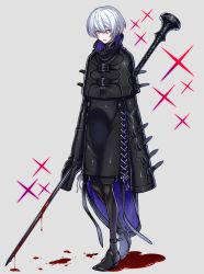 1boy absurdres bite_addict black_capelet black_footwear black_legwear blood bloody_weapon capelet cross cross_earrings dripping earrings fantasy grey_background hair_between_eyes highres holding holding_polearm holding_weapon jewelry long_sleeves male_focus multicolored_clothes nail_(hardware) original parted_lips patterned patterned_clothing pink_eyes polearm pool_of_blood simple_background single_earring sleeves_past_fingers sleeves_past_wrists solo sparkle two-tone_capelet walking weapon white_hair