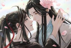 2boys ahoge bishounen black_hair black_hanfu chinese_clothes closed_mouth couple eye_contact eyelashes face-to-face falling_petals flower grey_eyes hair_flower hair_ornament hair_ribbon hand_on_another&#039;s_shoulder hanfu headband high_ponytail highres lan_wangji light_particles long_hair long_sleeves looking_at_another male_focus modao_zushi multiple_boys open_mouth petals pink_flower pink_petals ponytail profile red_ribbon ribbon sidelocks smile upper_body w2biiro watermark wei_wuxian white_hanfu white_headband wide_sleeves yaoi yellow_eyes