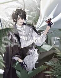 1boy :d alcohol black_gloves black_hair black_jacket black_pants blurry brown_eyes cat commentary_request copyright_notice cup depth_of_field gloves hair_between_eyes holding holding_cup jacket jacket_on_shoulders leaf lower_teeth_only male_focus nijisanji official_art open_mouth pants sample_watermark shirt sitting smile solo teeth tongue virtual_youtuber watermark white_shirt wine yukko_(matakite_4kaku) yumeoi_kakeru