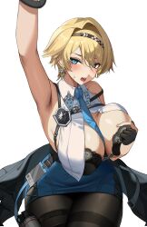 1girl 2v_(joyeong) absurdres armpits blonde_hair blue_eyes blue_necktie breasts girls&#039;_frontline girls&#039;_frontline_2:_exilium hair_intakes highres large_breasts mole mole_under_eye necktie nikketa_(girls&#039;_frontline_2) simple_background solo vsk-94_(girls&#039;_frontline) white_background