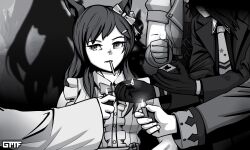 5girls agnes_tachyon_(umamusume) animal_ears artist_name bow breasts cigarette ear_ribbon el_condor_pasa_(umamusume) formal_clothes gloves gmf_(0gmf0) greyscale hair_ornament hairclip highres holding holding_lighter horse_ears horse_girl large_breasts lighter malena_(movie) manhattan_cafe_(umamusume) medium_breasts mejiro_dober_(umamusume) monochrome multiple_girls necktie puffy_short_sleeves puffy_sleeves shadow short_sleeves sleeves_past_wrists special_week_(umamusume) suit umamusume
