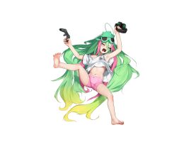 1girl absurdres barefoot beeeeen closed_eyes controller feet game_controller green_hair headphones headphones_removed highres long_hair open_mouth soles toes transparent_background yawning