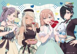 4girls bare_shoulders black_dress black_hair black_pants blonde_hair blush box box_of_chocolates braid breasts brown_hair candy chocolate chocolate_heart closed_mouth collar cuff_links detached_sleeves double_bun dress food formal_clothes frills gift gift_box gloves green_dress green_eyes grey_eyes hair_bun hair_ornament hair_over_one_eye hair_ribbon happy_valentine hat hat_ribbon heart heart-shaped_box heart-shaped_food hinano_hoshikita holding holding_gift holding_stuffed_toy jacket large_breasts lilia_saijo long_hair looking_at_viewer medium_breasts multicolored_hair multiple_girls nanyou_subaru one_eye_closed open_mouth pant_suit pants pole_princess!! puffy_sleeves purple_hair red_eyes red_hair reverse_trap ribbon shirt short_hair skirt sleeveless sleeveless_dress smile streaked_hair stuffed_animal stuffed_toy suit teddy_bear tousaka_mio twintails two-tone_hair valentine white_gloves yellow_eyes