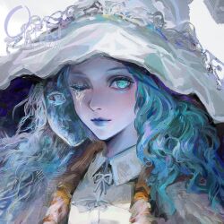 1girl blue_eyes blue_hair blue_lips collared_shirt colored_skin elden_ring eyelashes hat large_hat looking_at_viewer multiple_faces one_eye_closed oreki_genya painterly portrait ranni_the_witch shirt signature solo wavy_hair white_background white_hat witch_hat