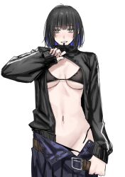 1girl belt bikini black_bikini black_hair black_jacket breasts brown_belt clothes_lift clothes_pull commentary_request denim egomeshi exhibitionism groin highres jacket jacket_lift jeans light_blush looking_at_viewer looking_to_the_side medium_breasts medium_hair navel original pants pants_pull public_indecency side-tie_bikini_bottom simple_background smile solo string_bikini swimsuit translation_request white_background