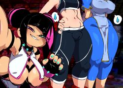 Rule 34 | 3girls, absurdres, armpit crease, armpits, arms behind back, blush, bodysuit, bodysuit under clothes, breasts, breasts out, cameltoe, cammy white, capcom, china dress, chinese clothes, choker, chun-li, covered erect nipples, covered navel, crop top, dress, fat mons, female focus, fingerless gloves, gloves, hair horns, han juri, hand on own hip, hanging breasts, heterochromia, highres, inverted nipples, jellot, large areolae, large breasts, leggings, lower body, midriff, multicolored hair, multiple girls, nail polish, navel, nipple slip, nipples, revealing clothes, selfie, sharp teeth, smug, spiked choker, spikes, spoken sweatdrop, sports bra, streaked hair, street fighter, street fighter 6, sweatdrop, teeth, thick thighs, thighs, wide hips