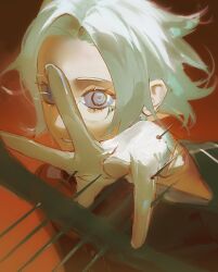 1boy adc_mt aotsuki_eito blood blood_on_gloves blue_eyes gloves grey_hair highres impaled last_defense_academy_school_uniform looking_at_viewer male_focus outstretched_arm outstretched_hand parted_lips red_background school_uniform self-harm short_hair solo spikes the_hundred_line_-last_defense_academy- white_gloves