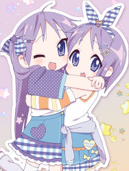 2girls birthday blue_eyes blush bow bracelet clothes_around_waist copyright_name denim denim_skirt detached_sleeves frills gingham gingham_bow gingham_skirt hair_ornament hairclip happy heart heart_hair_ornament highres hiiragi_kagami hiiragi_tsukasa hue_shifting hug jacket jacket_around_waist jewelry long_hair looking_at_viewer lucky_star multiple_girls one_eye_closed purple_hair raglan_sleeves short_hair siblings sisters skirt star_(symbol) star_symbol_background striped_sleeves tanpaku_(oqu_2) twins twintails yellow_bow yellow_star