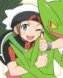 0ming_p 1boy black_shirt bracelet brendan_(pokemon) brown_hair gen_3_pokemon grey_eyes jewelry looking_at_viewer mega_stone nintendo one_eye_closed open_mouth pokemon pokemon_(creature) pokemon_oras red_shirt sceptile shirt short_hair short_sleeves teeth thumbs_up two-tone_shirt upper_teeth_only