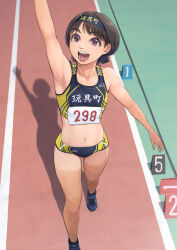 1girl :d arm_up brown_hair buruma day flat_chest headband highres navel open_mouth original otsu_natsu outdoors shadow shoes short_hair smile sneakers solo sports_bikini tan tanline track_and_field track_uniform