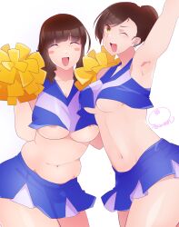2girls armpits bachira_yu blue_shirt blush breasts brown_hair cheerleader cheerleader_blue closed_eyes crop_top hands_up isagi_iyo large_breasts long_hair looking_at_viewer miniskirt multiple_girls navel nipples one_eye_closed open_mouth pom_pom_(cheerleading) ponytail seamo_n shirt simple_background skirt smile thighs white_background yellow_eyes