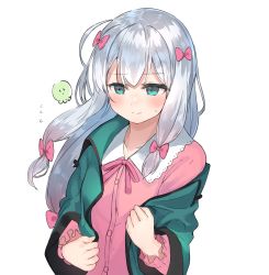1girl absurdres aqua_eyes blush bow closed_mouth collarbone commentary_request eromanga_sensei flying_sweatdrops green_jacket hair_bow highres izumi_sagiri jacket long_hair long_sleeves looking_at_viewer open_clothes pajamas pink_bow pink_ribbon ranf ribbon silver_hair simple_background smile solo stuffed_toy sweat upper_body very_long_hair white_background