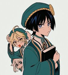 Rule 34 | 1girl, 2boys, aether (genshin impact), ahoge, alternate costume, beret, black eyes, blonde hair, blue eyes, blunt ends, blush, book, bright pupils, closed mouth, coat, dilated pupils, earrings, emblem, eyeliner, eyeshadow, gem, genshin impact, gold, gold trim, green coat, green gemstone, green hat, green sleeves, hair between eyes, hat, highres, holding, holding book, jewelry, long sleeves, looking at viewer, makeup, multiple boys, open mouth, paimon (genshin impact), red eyeliner, red eyeshadow, scaramouche (genshin impact), smile, tochiko (spi), tsurime, white background, white hair, white pupils, wispy bangs, yellow eyes