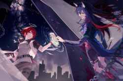 2girls absurdres animal_ear_fluff animal_ears arknights belt black_belt black_coat black_hair black_shorts black_tail blood blood_on_face blood_on_leg blood_splatter brown_pantyhose card chain chinese_commentary coat colored_inner_hair commentary_request exusiai_(arknights) glint green_necktie grey_shirt hair_between_eyes halo highres holding_hands light_particles long_hair long_sleeves looking_at_another magic multicolored_hair multiple_girls necktie pantyhose parted_lips red_hair ripples shirt short_hair short_sleeves shorts sky standing star_(sky) starry_sky t-shirt tail texas_(arknights) thewintermarket traditional_halo two-tone_hair watch water white_halo wolf_ears wolf_girl wolf_tail wristwatch yellow_eyes
