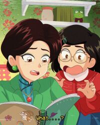 1990s_(style) 2girls animification black_hair blue_eyes brenni_murasaki brown_eyes clip_studio_paint_(medium) commentary embarrassed faux_retro_artstyle glasses highres jewelry mature_female meilin_lee ming_lee mother_and_daughter multiple_girls necklace notebook open_mouth retro_artstyle scene_reference shirt smile subtitled teeth turning_red upper_teeth_only