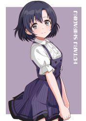 Rule 34 | 1girl, black hair, brown eyes, buttons, character name, closed mouth, collared shirt, dot nose, dress, highres, idolmaster, idolmaster cinderella girls, illustscody, light smile, looking at viewer, purple dress, shiragiku hotaru, shirt, short hair, short sleeves, solo, white shirt