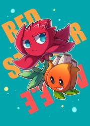 Rule 34 | a.k.e.e. (plants vs. zombies), black eyes, blue background, blue eyes, character name, chinese commentary, closed mouth, commentary request, flower, frown, grin, highres, leaf, looking ahead, looking at viewer, no humans, no pupils, outline, plant, plant focus, plants vs. zombies, plants vs. zombies 2, red flower, red stinger (plants vs. zombies), simple background, smile, solid oval eyes, white outline, yuanzidiedaole