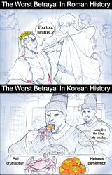 6+boys absurdres angry anonhistory asterix blood bust_(sculpture) chopsticks crab eating english_text facial_hair food fruit gat_(hat) gladius hat highres holding holding_sword holding_weapon julius_caesar king_gyeongjong king_yeongjo korean_clothes korean_traditional_hat laurel_crown marcus_junius_brutus multiple_boys murder open_mouth parody persimmon real_life sketch smirk stubble sword weapon