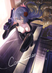 Rule 34 | 1girl, blue eyes, blue hair, bodysuit, breasts, building, city, collarbone, commission, desert eagle, flower, full body, gun, hair flower, hair ornament, handgun, highres, large breasts, latex, latex bodysuit, long hair, looking at viewer, original, pixiv commission, running, skin tight, skyscraper, solo, very long hair, weapon, yakupan