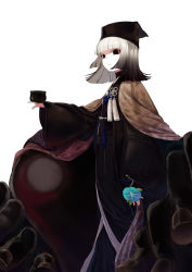 1girl black_eyes black_hair black_hat black_kimono blunt_bangs breasts coffeekite cup fate/grand_order fate_(series) gradient_hair grey_hair hat highres japanese_clothes kimono long_sleeves looking_at_viewer medium_hair multicolored_hair sash sen_no_rikyu_(fate) sen_no_rikyu_(second_ascension)_(fate) small_breasts tassel wide_sleeves yunomi
