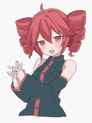 1girl :d ahoge bare_shoulders black_shirt black_sleeves breast_pocket buttons collared_shirt cropped_torso detached_sleeves drill_hair grey_background hair_between_eyes highres interlocked_fingers kasane_teto kasane_teto_(utau) long_sleeves looking_at_viewer open_mouth pocket red_eyes red_hair shirt simple_background sleeveless sleeveless_shirt smile solo twin_drills utau yukia_1128