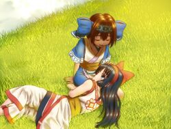 Rule 34 | 2girls, ainu clothes, black hair, blue eyes, breasts, brown eyes, brown hair, closed eyes, hair ribbon, hand on another&#039;s head, highres, lap pillow, legs, looking at viewer, lying, multiple girls, nakoruru, on side, open mouth, pants, ribbon, rimururu, samurai spirits, short hair, siblings, sisters, small breasts, smile, snk, thighs