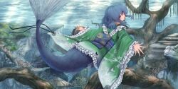 1girl black_bow blue_eyes blue_hair blush bow branch coral drill_hair fins frilled_kimono frilled_sleeves frills from_behind full_body green_kimono head_fins highres japanese_clothes kimono long_sleeves looking_at_viewer mermaid monster_girl obi outstretched_arms print_kimono sash short_hair solo teruteru12 touhou underwater wakasagihime wide_sleeves