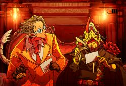 Rule 34 | 2boys, black hair, dark-skinned male, dark skin, demiurge (overlord), demon boy, demon tail, formal clothes, glasses, goat boy, goat horns, hair slicked back, horns, laughing, mashur00m, multiple boys, overlord (maruyama), pointy ears, red suit, sitting, suit, tail, ulbert alain odle