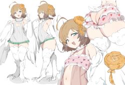absurdres bernice_flay bloomers blue_eyes braid brown_hair butt_crack camisole cleavage_cutout clothing_cutout colored_inner_hair feathers hair_ornament harpy highres lingerie miniskirt monster_girl multicolored_hair nightgown panties peace_symbol petite reference_sheet skirt smile sweater sylvies_bar tail talons underwear wings