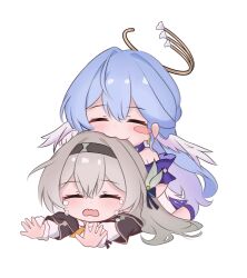 bare_shoulders black_hairband black_jacket black_ribbon blue_hair blush blush_stickers chibi chibi_only choker closed_eyes crying detached_sleeves dress earrings feathered_wings firefly_(honkai:_star_rail) full_body grey_hair hair_between_eyes hair_ornament hair_ribbon hairband halo head_wings highres honkai:_star_rail honkai_(series) jacket jewelry leaf_hair_ornament long_hair long_sleeves lying neckerchief on_stomach open_mouth orange_neckerchief puffy_long_sleeves puffy_sleeves purple_choker purple_shoes ribbon robin_(honkai:_star_rail) shoes short_sleeves simple_background sitting sitting_on_person sleeveless sleeveless_dress smile star_(symbol) star_earrings white_background white_dress wings yuri yuuncx