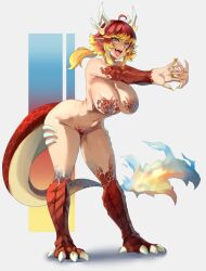 Rule 34 | 1girl, bent over, blonde hair, breasts, brown hair, cowboy shot, dragon girl, dragon horns, dragon tail, full body, highres, horns, lainart, large breasts, medium hair, multicolored hair, nude, original, ponytail, red scales, red tail, simple background, solo, tail, two-tone hair, white background