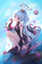 1girl bare_shoulders black_dress black_shoes china_dress chinese_clothes chromatic_aberration diamond_cutout disembodied_eye dress extra_eyes full_body grey_hair halo high_ponytail highres ichitata long_hair looking_at_viewer open_mouth ponytail purple_eyes shoes sitting sky solo tentacles very_long_hair water