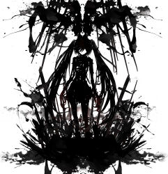 1girl cross daisy_(invisibleworld) female_focus hatsune_miku highres long_hair monochrome simple_background solo splatter twintails very_long_hair vocaloid white_background