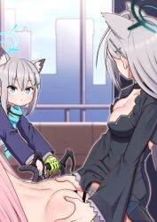 3girls animal_ear_fluff animal_ears ass bar_censor bicycle black_dress blue_archive blue_eyes blue_halo blue_jacket blue_scarf breasts censored cross_hair_ornament dress female_pubic_hair futa_with_female futanari grabbing_another&#039;s_ass grey_hair groping hair_ornament halo highres hoshino_(blue_archive) jacket large_breasts lemon_snail long_hair long_sleeves looking_at_another medium_hair mismatched_pupils multiple_girls penis pubic_hair riding riding_bicycle scarf sex shiroko_(blue_archive) shiroko_terror_(blue_archive) wolf_ears