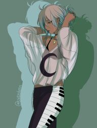 Rule 34 | 1girl, black bra, black eyes, blue hair, bra, commentary, cowboy shot, crescent, dark-skinned female, dark skin, ear piercing, earrings, english commentary, flat chest, green hair, green lips, grey hair, hair over one eye, highres, jewelry, loose clothes, loose shirt, mole, mole under eye, multicolored hair, multiple girls, multiple moles, necklace, off-shoulder shirt, off shoulder, original, piano print, piercing, see-through clothes, see-through shirt, shirt, signature, sintastein, solo, tying hair, underwear, white shirt