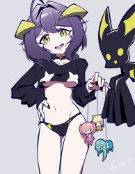 1girl 1other 3qaq absurdres alternate_costume antenna_hair bare_legs black_choker black_nails black_panties black_shirt breasts choker cowboy_shot cropped_shirt curled_horns dated demon_girl demon_horns dot_nose eyebrows eyelashes facial_mark fang fingernails floating grey_background hanabishi_haruka hand_on_own_hip hand_up highres hiiragi_utena horns laughing levitation light_blush long_fingernails long_sleeves looking_at_object looking_down magia_azure magia_baiser magia_magenta magia_sulfur magical_girl mahou_shoujo_ni_akogarete medium_breasts medium_hair midriff minakami_sayo nail_polish navel no_pants open_mouth pale_skin panties petite puppet puppet_strings purple_hair shirt simple_background smile smug standing star-shaped_pupils star_(symbol) symbol-shaped_pupils tenkawa_kaoruko underboob underwear venalita yellow_eyes yellow_horns