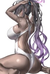 1girl absurdres black_hair blue_archive breasts competition_swimsuit dark-skinned_female dark_skin from_behind halo highleg highleg_one-piece_swimsuit highres holding holding_own_hair karin_(blue_archive) large_breasts long_hair looking_at_viewer looking_back number_tattoo one-piece_swimsuit purple_halo racerback simple_background sitting solo swimsuit tattoo theory_(oortcloud1111) wariza white_background white_one-piece_swimsuit yellow_eyes