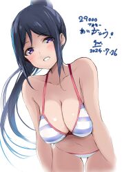 1girl absurdres bikini blue_bikini blue_hair blush breasts cleavage collarbone commentary cowboy_shot dark_blue_hair dated english_commentary gengoroh grin hanging_breasts high_ponytail highres large_breasts leaning_forward long_hair looking_at_viewer love_live! love_live!_sunshine!! matsuura_kanan milestone_celebration mixed-language_commentary multicolored_bikini navel ponytail purple_eyes sidelocks signature simple_background smile solo stomach striped_bikini striped_clothes swimsuit translation_request two-tone_bikini white_background white_bikini