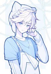 1boy ahoge animal_hat arm_at_side art_waven beanie blue_background blue_eyes blue_shirt border cat_hat chain chain_necklace closed_mouth collarbone flipped_hair hair_between_eyes hand_up hashtag-only_commentary hat head_tilt highres jewelry kagamine_len layered_sleeves long_sleeves male_focus necklace outside_border overalls pale_skin paw_pose project_sekai ribbon shirt short_over_long_sleeves short_sleeves simple_background solo swept_bangs upper_body vocaloid white_border white_hair white_hat white_overalls white_ribbon white_shirt white_theme