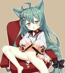 1girl after_vaginal aftersex ahoge akashi_(azur_lane) animal_ears azur_lane bottomless bow braid brown_background cat_ears censored chair commentary cum cum_on_body cum_pool dot_nose english_commentary flat_chest green_hair hair_bow highres loli long_hair looking_at_viewer mole mole_under_eye mosaic_censoring on_chair parallelrey parted_lips pussy sidelocks simple_background sitting sleeves_past_fingers sleeves_past_wrists solo spread_legs very_long_hair yellow_eyes