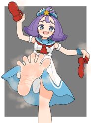 1girl absurdres acerola_(pokemon) barefoot blue_eyes blush feet highres long_hair looking_at_viewer nairo nintendo open_mouth pokemon pokemon_sm purple_hair shoes soles steam toes unworn_shoes