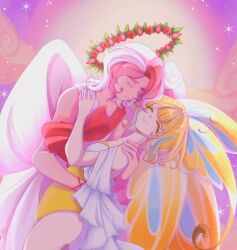 Rule 34 | 1boy, 1girl, angel wings, antenna hair, armored boots, boots, butterfly wings, colored skin, cookie run, cookie run: kingdom, cupid, curly eyebrows, highres, hiyo0se, humanization, insect wings, layered clothes, leg armor, leotard, long eyelashes, pavlova cookie, pink skin, sugarfly cookie, white eyeshadow, wings, yellow leotard, yellow skin
