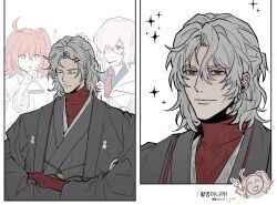 Rule 34 | 1boy, 2girls, absurdres, adjusting another&#039;s hair, ahoge, antonio salieri (fate), antonio salieri (over the same sky) (fate), bridal gauntlets, brushing another&#039;s hair, brushing hair, chaldea uniform, closed eyes, closed mouth, fate/grand order, fate (series), fog fgo, fujimaru ritsuka (female), glasses, grey hair, grey kimono, hair between eyes, hair ornament, hair over one eye, hair scrunchie, hairclip, hairdressing, half updo, haori, highres, jacket, japanese clothes, kimono, korean text, long sleeves, mash kyrielight, medallion, medium hair, multiple girls, necktie, one side up, orange hair, pink hair, purple eyes, red eyes, red necktie, red shirt, scrunchie, sequential, shirt, short hair, simple background, smile, translation request, turtleneck, undershirt, upper body, white background, white jacket, yellow scrunchie
