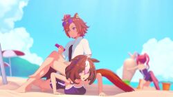 3d 3girls ahoge alternate_costume animal_ears animated anna_anon audible_music beach beach_umbrella brown_hair carrot crown exercising haru_urara_(umamusume) koikatsu_(medium) laughing looking_at_phone medium_hair mini_crown multicolored_hair multiple_girls orange_hair outdoors phone pink_eyes pink_hair ponytail push-ups sand sand_castle sand_sculpture selfie sitting sitting_on_person sound streaked_hair sunglasses_on_head swimsuit t.m._opera_o_(umamusume) tagme tail umamusume umbrella v video