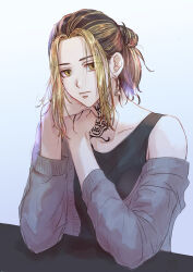 1boy absurdres bell black_hair black_tank_top blonde_hair closed_mouth earrings grey_jacket hair_bun hanemiya_kazutora highres jacket jewelry looking_at_viewer male_focus medium_hair mole mole_under_eye multicolored_hair neck_tattoo off_shoulder razu_re0824 simple_background single_earring solo tank_top tattoo tokyo_revengers two-tone_hair upper_body white_background yellow_eyes