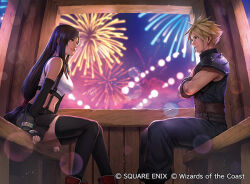 1boy 1girl aerial_fireworks armor black_hair black_thighhighs cloud_strife commentary copyright_notice crop_top crossed_arms elbow_gloves ferris_wheel_interior final_fantasy final_fantasy_vii final_fantasy_vii_remake fingerless_gloves fireworks fuji_q gloves looking_at_another magic:_the_gathering miniskirt official_art shoulder_armor sitting skirt sleeveless sleeveless_turtleneck smile suspenders thighhighs tifa_lockhart turtleneck variant_set