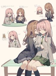 2girls bang_dream! bang_dream!_it&#039;s_mygo!!!!! black_shirt black_skirt blush brown_hair cake cake_slice chihaya_anon collared_shirt commentary drinking_straw drinking_straw_in_mouth food food_on_face fork green_necktie green_skirt grey_eyes grey_jacket haneoka_school_uniform highres holding holding_fork jacket licking licking_another&#039;s_face long_hair long_sleeves maidcode1023 multiple_girls nagasaki_soyo necktie one_eye_closed pink_hair plaid_clothes plaid_skirt pleated_skirt revision sailor_collar school_uniform shirt simple_background skirt tongue tongue_out translation_request tsukinomori_school_uniform white_sailor_collar white_shirt yellow_background yuri