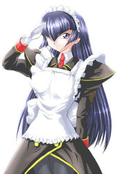Rule 34 | 00s, 1girl, blue eyes, blue hair, breasts, female focus, hanaukyou maid tai, hime cut, large breasts, looking at viewer, maid, matching hair/eyes, simple background, solo, tsurugi konoe, white background