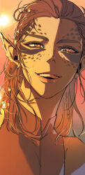 1girl absurdres baldur&#039;s_gate baldur&#039;s_gate_3 braid brown_hair brown_shirt close-up collared_shirt colored_skin commentary_request facial_mark facial_tattoo gith_(dungeons_&amp;_dragons) guul_(ghoul_231113) happy highres korean_commentary lae&#039;zel looking_at_viewer medium_hair multiple_braids open_mouth orange_eyes outdoors pointy_ears portrait shirt sky sleeveless sleeveless_shirt slit_pupils smile solo spots sun tattoo yellow_skin yellow_sky